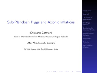 Introduction

                                                                               Slow roll

                                                                               The failure of
                                                                               Higgs boson

Sub-Planckian Higgs and Axionic Inﬂations                                      New Higgs
                                                                               Inﬂation

                                                                               Gravitationally
                                                                               Enhanced Friction

                        Cristiano Germani                                      Introducing the
                                                                               Slotheon
   Based on diﬀerent collaborations: Martucci, Moyassari, Kehagias, Watanabe
                                                                               Uniqueness

                                                                               Unitarity
                    LMU, ASC, Munich, Germany
                                                                               UV Protected
                                                                               Inﬂation
                BW2011, August 2011, Donji Milanovac, Serbia
 
