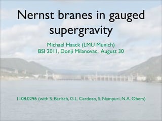 Nernst branes in gauged
     supergravity
              Michael Haack (LMU Munich)
          BSI 2011, Donji Milanovac, August 30




1108.0296 (with S. Barisch, G.L. Cardoso, S. Nampuri, N.A. Obers)
 