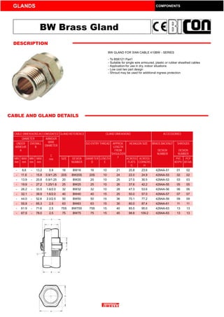 GLANDS COMPONENTS
BW Brass Gland
DESCRIPTION
BW GLAND FOR SWA CABLE 410BW - SERIES
- To BS6121 Part1
- Suitable for single wire armoured, plastic or rubber sheathed cables
- Application-for use in dry, indoor situations
- Low cost two part design
- Shroud may be used for additional ingress protection
CABLE AND GLAND DETAILS
CABLE DIMENSIONS ACCOMODATED GLAND REFERENCE GLAND DIMENSIONS ACCESSORIES
DIAMETER ARMOUR
WIRE
DIAMETER
C
mm
UNDER
ARMOUR
A
OVERALL
B
ISO ENTRY THREAD APPROX.
LENGTH
FROM
SHOULDER
F
HEXAGON SIZE BRASS BACKNUT
DESIGN
NUMBER
SHROUDS
DESIGN
NUMBER
MIN
mm
MAX
mm
MIN
mm
MAX
mm
SIZE DESIGN
NUMBER
DIAMETER
D
LENGTH
E
ACROSS
FLATS
G
ACROSS
CORNERS
H
PVC
401PV-
PCP
401AA-
- 8.6 - 13.2 0.9 16 BW16 16 10 21 20.8 23.6 429AA-51 01 02
- 11.6 - 15.8 0.9/1.25 20S BW20S 20S 10 24 22.0 24.9 429AA-53 02 02
- 13.9 - 20.8 0.9/1.25 20 BW20 20 10 25 27.0 30.5 429AA-53 03 03
- 19.9 - 27.2 1.25/1.6 25 BW25 25 10 26 37.6 42.2 429AA-55 05 05
- 26.2 - 33.5 1.6/2.0 32 BW32 32 10 28 47.3 53.6 429AA-56 06 06
- 32.1 - 39.9 1.6/2.0 40 BW40 40 15 25 50.0 57.0 429AA-57 07 07
- 44.0 - 52.6 2.0/2.5 50 BW50 50 15 36 70.1 77.2 429AA-59 09 09
- 55.9 - 65.3 2.5 63 BW63 63 15 30 80.0 87.4 429AA-61 11 11
- 61.9 - 71.6 2.5 75S BW75S 75S 15 40 85.0 95.0 429AA-63 13 13
- 67.9 - 78.0 2.5 75 BW75 75 15 40 98.8 109.2 429AA-63 13 13
CABLE JOINTS, CABLE TERMINATIONS, CABLE GLANDS, CABLE CLEATS
FEEDER PILLARS, FUSE LINKS, ARC FLASH, CABLE ROLLERS, CUT-OUTS
11KV 33KV CABLE JOINTS & CABLE TERMINATIONS
FURSE EARTHING
www.cablejoints.co.uk
Thorne and Derrick UK
Tel 0044 191 490 1547 Fax 0044 191 477 5371
Tel 0044 117 977 4647 Fax 0044 117 9775582
 
