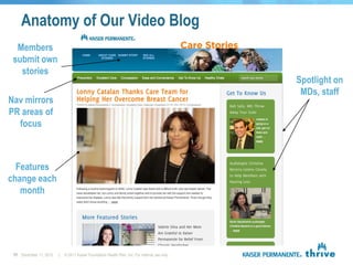 Anatomy of Our Video Blog
  Members
 submit own
   stories
                                                                                                Spotlight on
                                                                                                 MDs, staff
Nav mirrors
PR areas of
  focus



  Features
change each
   month




 11 December 11, 2012   |   © 2011 Kaiser Foundation Health Plan, Inc. For internal use only.
 