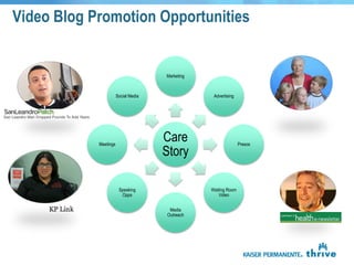 Video Blog Promotion Opportunities


                                      Marketing



                       Social Media                Advertising




            Meetings
                                      Care                       Presos

                                      Story

                        Speaking                  Waiting Room
                         Opps                         Video


                                       Media
                                      Outreach
 