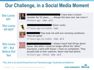 Our Challenge, in a Social Media Moment
She Loves
   KP!

She Loves
 KP-NOT



She Loves
 KP – But
Before Did
   Not

*Yes, this is an actual thread from our Facebook page: facebook.com/kpthrive
 4 December 11, 2012   |   © 2011 Kaiser Foundation Health Plan, Inc. For internal use only.
 