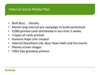 4
Internal Social Media Plan
• Built Buzz … literally
• Month long internal pre-campaign to build excitement
• 4,000 printed cards distributed in less than 2 weeks
• 3 types of cards printed
• Humana Hope Line created
• Internal SharePoint site, Buzz Town Halls and live events
• Plasma screen images
• Fitbit Zips giveaway promos
 