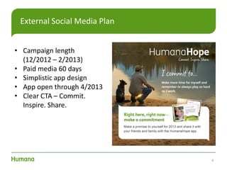 6
External Social Media Plan
• Campaign length
(12/2012 – 2/2013)
• Paid media 60 days
• Simplistic app design
• App open through 4/2013
• Clear CTA – Commit.
Inspire. Share.
 