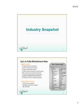 6/21/16	
3	
Industry Snapshot
5	
Agile	is	Fully	Mainstream	Now	
6	
Who’s	Adopted	Agile?	
Companies	large	&	small,	across	
industries.	
•  Accenture	
•  BLS	
•  BMC	SoTware	
•  Boeing	
•  Bri1sh	Telecom	
•  Capital	One	
•  CDC	
•  CNBC	
•  Cognizant	
•  CSC	
•  DTE	Energy	
•  EMC	
•  EPA	
•  Fannie	Mae	
•  Freddie	Mac	
•  GEICO	
•  General	Dynamics	
•  Google	
•  JP	Morgan	Chase	
•  Key	Bank	
•  Kronos	
•  Lockheed	Mar1n	
•  Macquarie	Bank	
•  MicrosoT	
•  Na1onal	Archives	
•  Na1onwide	
•  Neustar	
•  Primavera	
•  ProRail	
•  Sapient	
•  Siemens	
•  Spo1fy	
•  ThoughtWorks	
•  USAA	
•  VA	
•  Yahoo!	
Agile	is	used:	
•  In	large	and	small	companies	
•  Across	virtually	every	industry	
•  In	public	and	private	sectors	
•  On	life-cri1cal	and	mission-cri1cal	projects	
•  With	collocated	and	distributed	teams	
•  In	internal	IT	departments,	commercial	
product	companies	and	consultancies	
•  On	soTware	and	non-soTware	projects	
In	the	Government:	
•  FCIOs	25	point	program	
•  DoD	Agile	Acquisi1on	program	
•  18F	and	USDS	
 