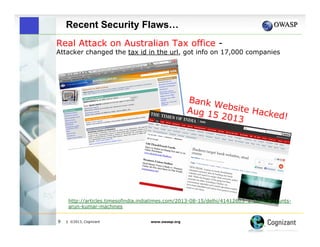 Recent Security Flaws…
Real Attack on Australian Tax office -

Attacker changed the tax id in the url, got info on 17,000 companies

Bank W
e
Aug 15 bsite Hacke
d!
2013

http://articles.timesofindia.indiatimes.com/2013-08-15/delhi/41412603_1_bank-accountsarun-kumar-machines
9

| ©2013, Cognizant

www.owasp.org

 