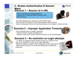 2 - Broken Authentication & Session
Mgmt
Scenario 1 – Session id in URL
http://myairline.com/sale/saleitems
jsessionid=47HDFKWkJDS8723HAUG12HG?
dest=Sydney
-An authenticated User shares the airline offer (link)
- The link has his session id since app supports URL rewriting
- When friends open the link, they have access to his session, Credit card etc.

Scenario 2 – Improper Application Timeouts
-User accesses site in a public computer
- Closes browser instead of logging out
- Attacker uses same browser shortly, browser is still authenticated

Scenario 3 – No restriction on Login attempts
- In 2009, an attacker gained admin access to a Twitter server
due to no restriction on the no. of login attempts.
- Attacker targets a support staff's password using “brute force”
- Gains admin access to 33 accounts belonging to celebrities,
politicians

19

| ©2013, Cognizant

www.owasp.org

 