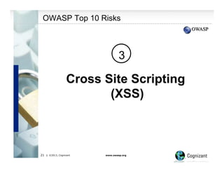OWASP Top 10 Risks

3

Cross Site Scripting
(XSS)

21

| ©2013, Cognizant

www.owasp.org

 