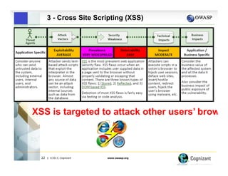 3 - Cross Site Scripting (XSS)

XSS is targeted to attack other users’ browse

22

| ©2013, Cognizant

www.owasp.org

 
