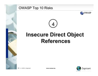 OWASP Top 10 Risks

4

Insecure Direct Object
References

25

| ©2013, Cognizant

www.owasp.org

 