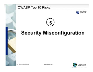OWASP Top 10 Risks

5

Security Misconfiguration

29

| ©2013, Cognizant

www.owasp.org

 