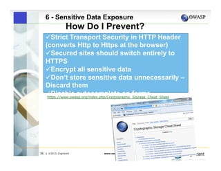 6 - Sensitive Data Exposure

How Do I Prevent?
" Strict Transport Security in HTTP Header
(converts Http to Https at the browser)
" Secured sites should switch entirely to
HTTPS
 
"Encrypt all sensitive data
" Don’t store sensitive data unnecessarily –
Discard them
" Disable autocomplete on forms
https://www.owasp.org/index.php/Cryptographic_Storage_Cheat_Sheet

36

| ©2013, Cognizant

www.owasp.org

 