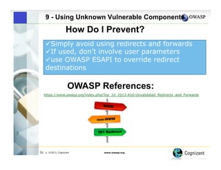 9 - Using Unknown Vulnerable Components

How Do I Prevent?
" Simply avoid using redirects and forwards
" If used, don’t involve user parameters
" use OWASP ESAPI to override redirect
destinations

OWASP References:
https://www.owasp.org/index.php/Top_10_2013-A10-Unvalidated_Redirects_and_Forwards

51

| ©2013, Cognizant

www.owasp.org

 