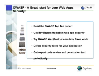 OWASP - A Great start for your Web Apps
Security!

!  Read the OWASP Top Ten paper!
!  Get developers trained in web app security
!  Try OWASP WebGoat to learn how flaws work
!  Define security rules for your application
!  Get expert code review and penetration test
periodically

52

| ©2013, Cognizant

www.owasp.org

 