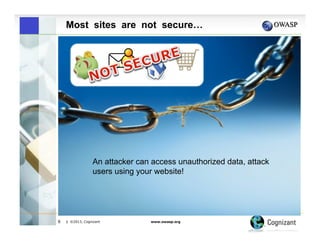 Most sites are not secure…

An attacker can access unauthorized data, attack
users using your website!

6

| ©2013, Cognizant

www.owasp.org

 