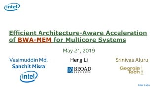 Intel Labs
Vasimuddin Md.
Sanchit Misra
Efﬁcient Architecture-Aware Acceleration
of BWA-MEM for Multicore Systems
Heng Li Srinivas Aluru
May 21, 2019
 