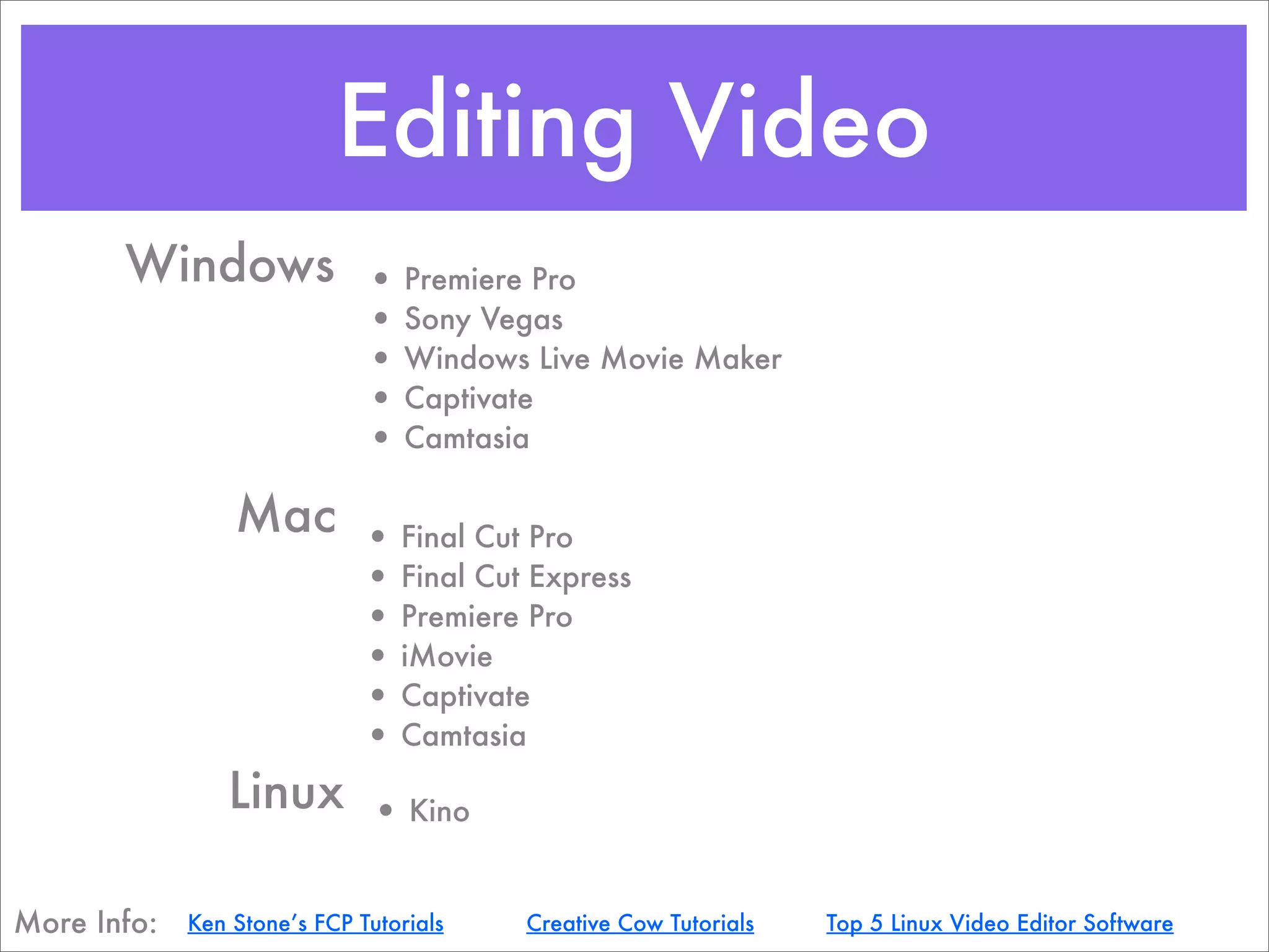 Editing Video
       Windows                • Premiere Pro
                              • Sony Vegas
                              • Windows Live Movie Maker
                              • Captivate
                              • Camtasia

                 Mac          • Final Cut Pro
                              • Final Cut Express
                              • Premiere Pro
                              • iMovie
                              • Captivate
                              • Camtasia
                Linux         • Kino

More Info:   Ken Stone’s FCP Tutorials   Creative Cow Tutorials   Top 5 Linux Video Editor Software
 