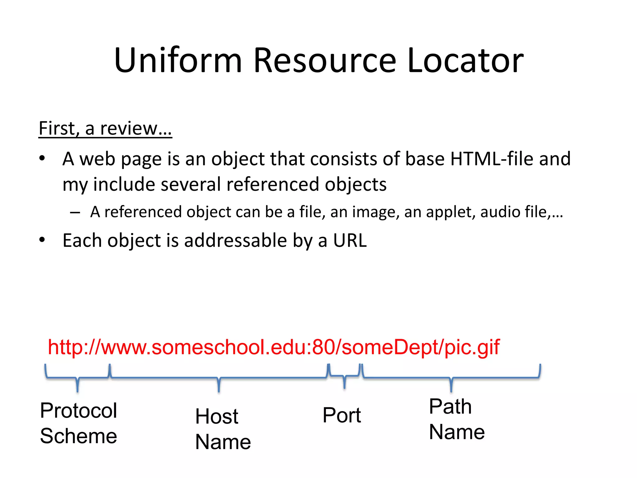 Uniform Resource Locator
First, a review…
• A web page is an object that consists of base HTML-file and
   my include several referenced objects
   – A referenced object can be a file, an image, an applet, audio file,…
• Each object is addressable by a URL




 http://www.someschool.edu:80/someDept/pic.gif

Protocol            Host              Port           Path
Scheme              Name                             Name
 