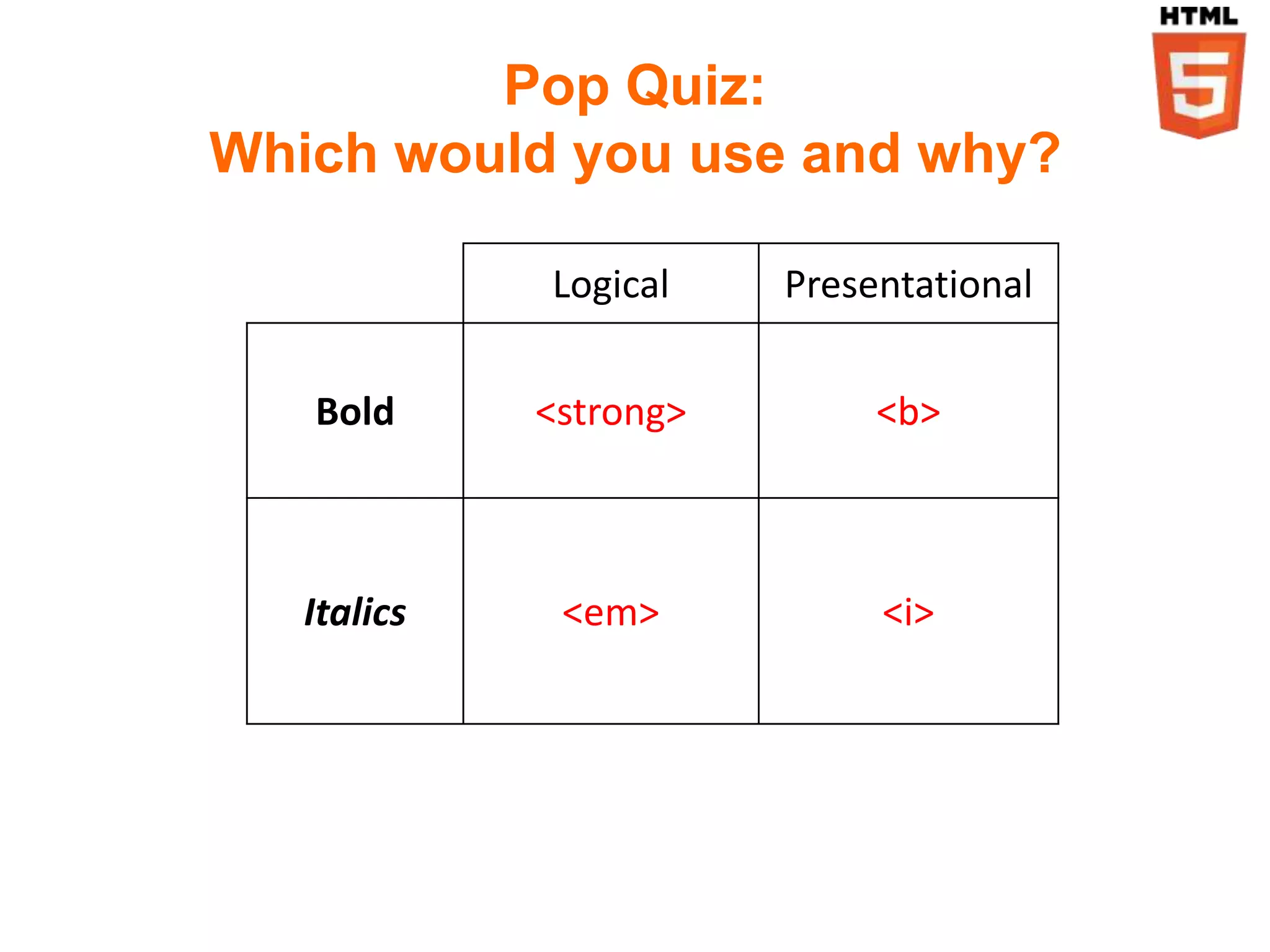 Pop Quiz:
Which would you use and why?

             Logical    Presentational


   Bold      <strong>        <b>



   Italics    <em>           <i>
 