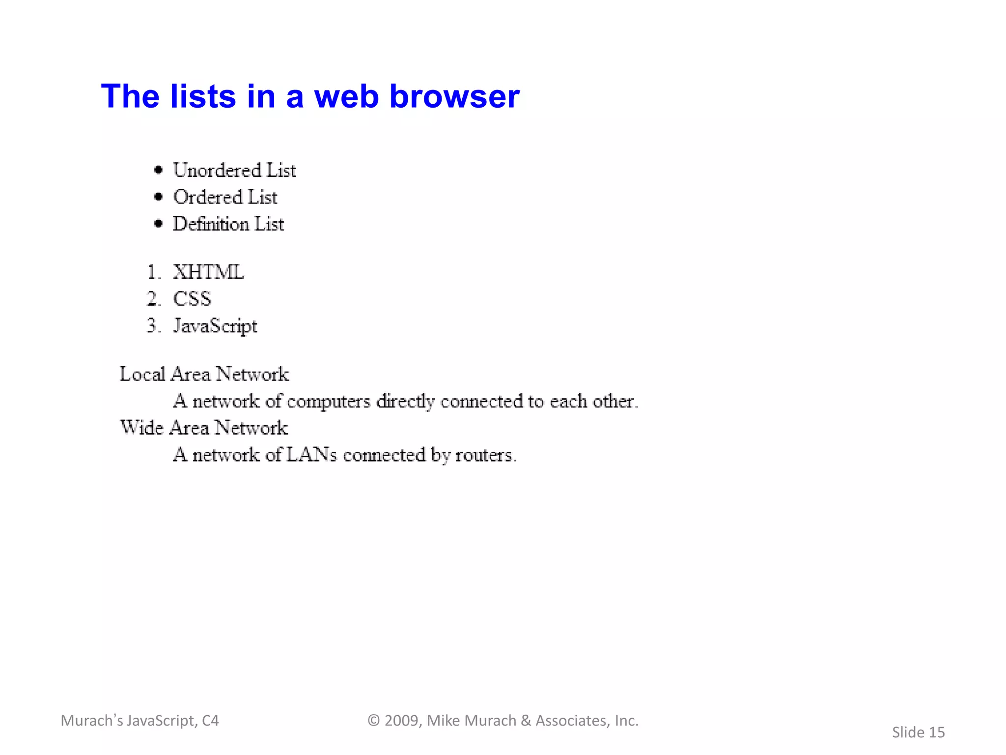 The lists in a web browser




Murach’s JavaScript, C4   © 2009, Mike Murach & Associates, Inc.
                                                                   Slide 15
 