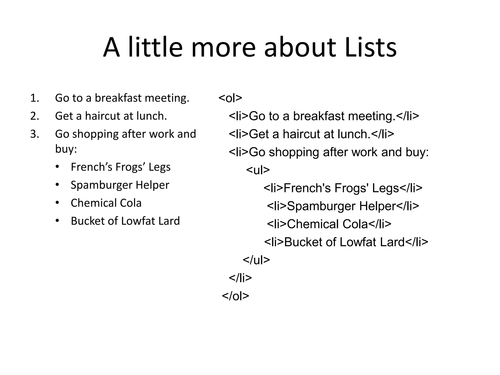 A little more about Lists
1.   Go to a breakfast meeting.   <ol>
2.   Get a haircut at lunch.       <li>Go to a breakfast meeting.</li>
3.   Go shopping after work and    <li>Get a haircut at lunch.</li>
     buy:                          <li>Go shopping after work and buy:
     • French’s Frogs’ Legs            <ul>
     • Spamburger Helper                  <li>French's Frogs' Legs</li>
     • Chemical Cola                       <li>Spamburger Helper</li>
     • Bucket of Lowfat Lard               <li>Chemical Cola</li>
                                          <li>Bucket of Lowfat Lard</li>
                                      </ul>
                                   </li>
                                  </ol>
 