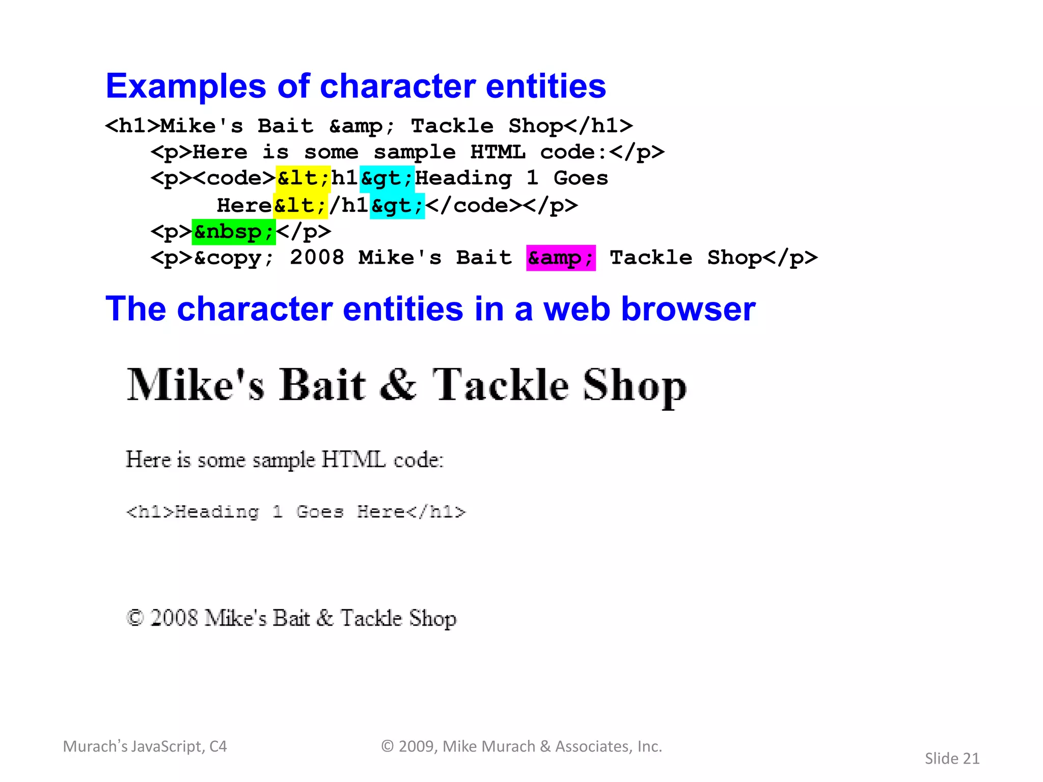 Examples of character entities
     <h1>Mike's Bait &amp; Tackle Shop</h1>
        <p>Here is some sample HTML code:</p>
        <p><code><h1>Heading 1 Goes
             Here</h1></code></p>
        <p>&nbsp;</p>
        <p>&copy; 2008 Mike's Bait &amp; Tackle Shop</p>

     The character entities in a web browser




Murach’s JavaScript, C4   © 2009, Mike Murach & Associates, Inc.
                                                                   Slide 21
 