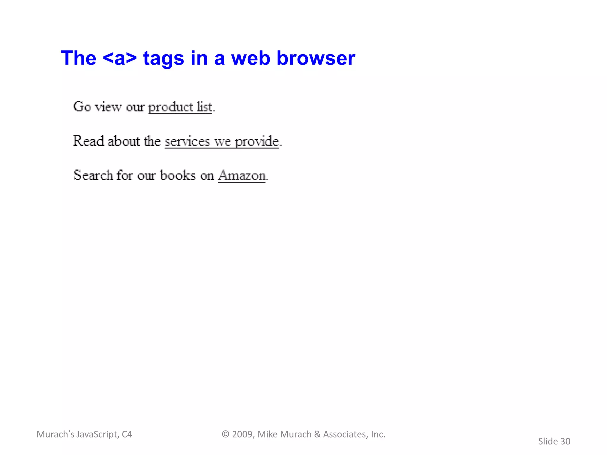The <a> tags in a web browser




Murach’s JavaScript, C4   © 2009, Mike Murach & Associates, Inc.
                                                                   Slide 30
 