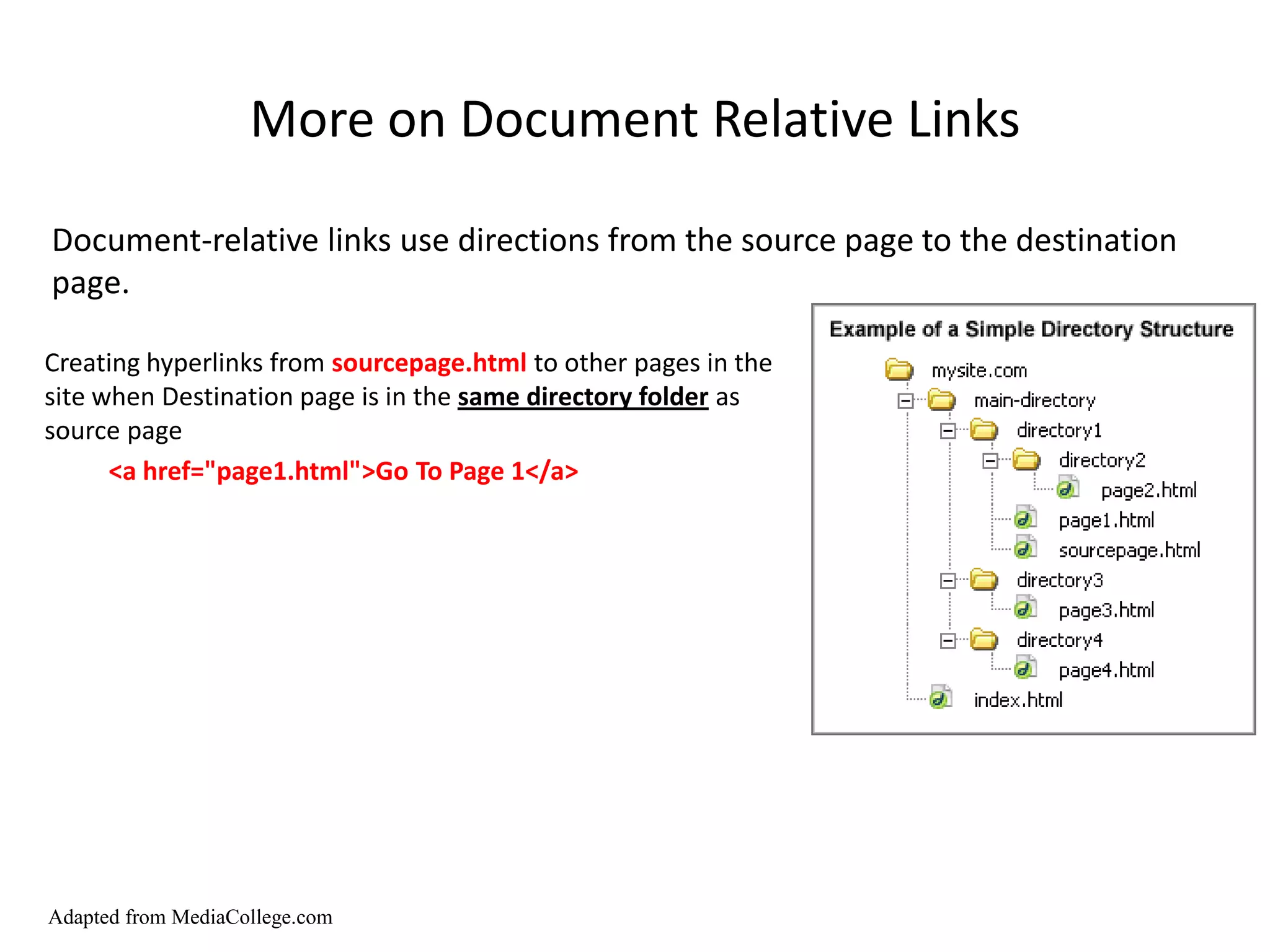 More on Document Relative Links

Document-relative links use directions from the source page to the destination
page.

Creating hyperlinks from sourcepage.html to other pages in the
site when Destination page is in the same directory folder as
source page
      <a href="page1.html">Go To Page 1</a>




Adapted from MediaCollege.com
 