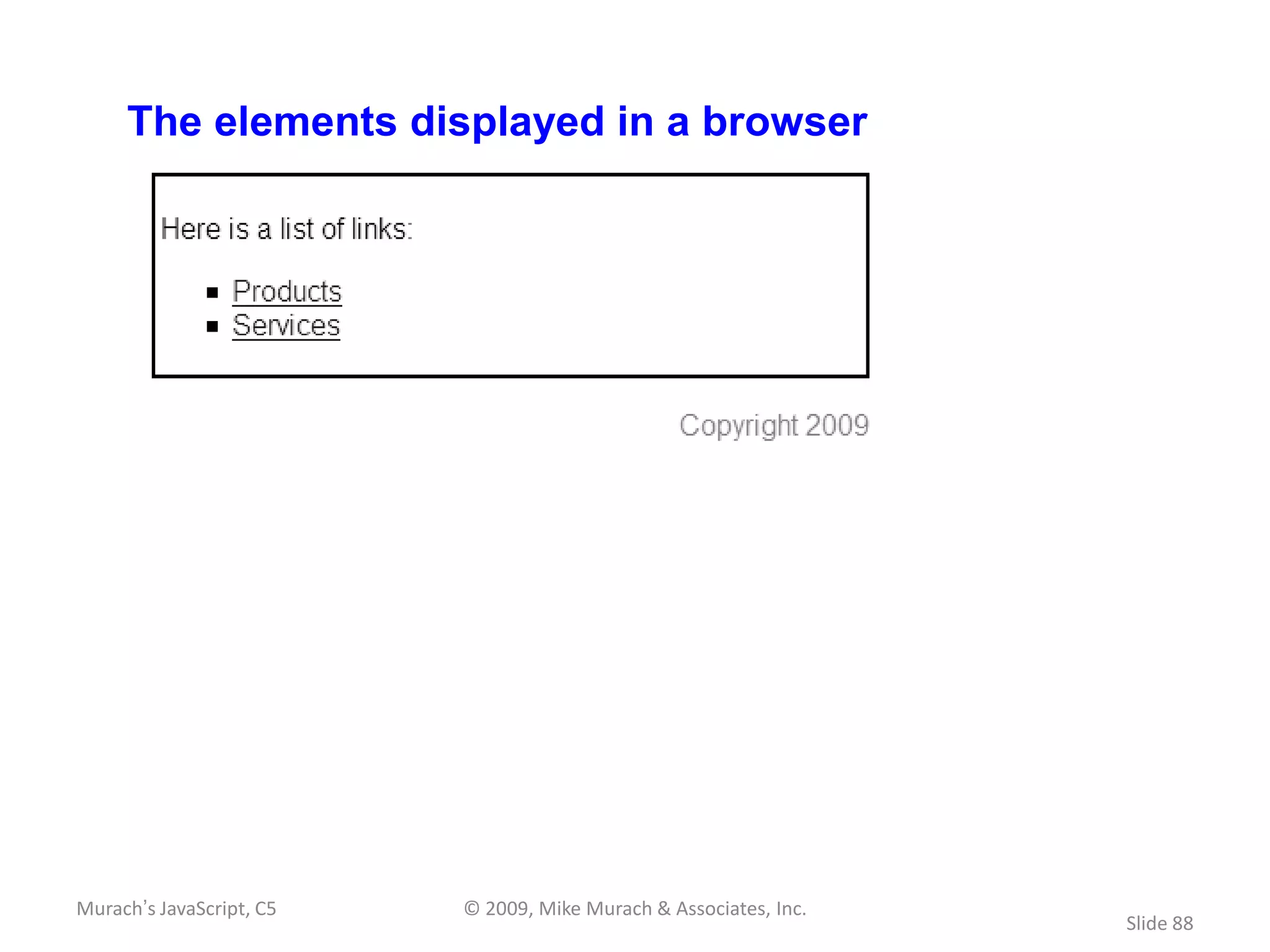 The elements displayed in a browser




Murach’s JavaScript, C5   © 2009, Mike Murach & Associates, Inc.
                                                                   Slide 88
 