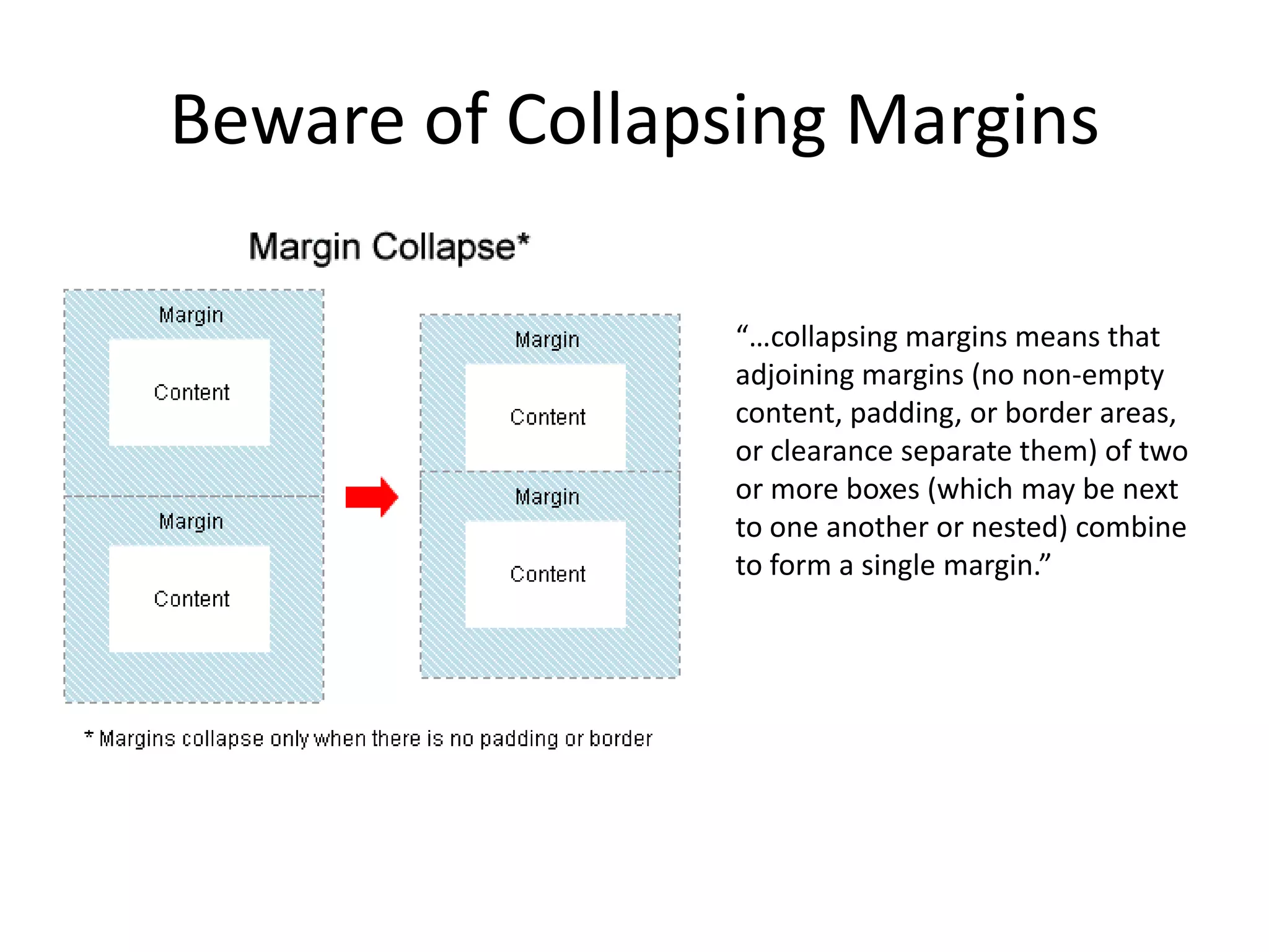 Beware of Collapsing Margins

                 “…collapsing margins means that
                 adjoining margins (no non-empty
                 content, padding, or border areas,
                 or clearance separate them) of two
                 or more boxes (which may be next
                 to one another or nested) combine
                 to form a single margin.”
 