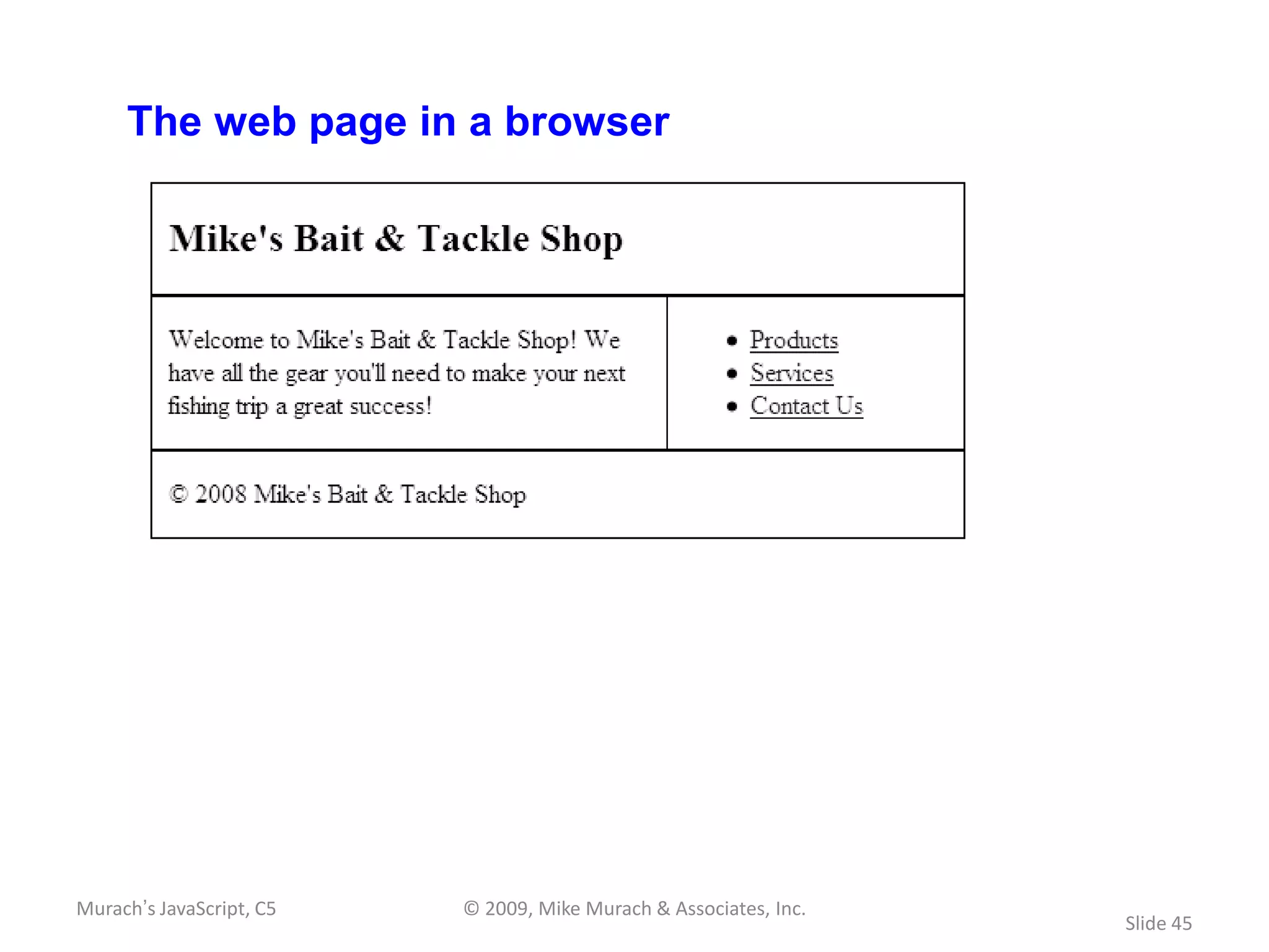 The web page in a browser




Murach’s JavaScript, C5   © 2009, Mike Murach & Associates, Inc.
                                                                   Slide 45
 