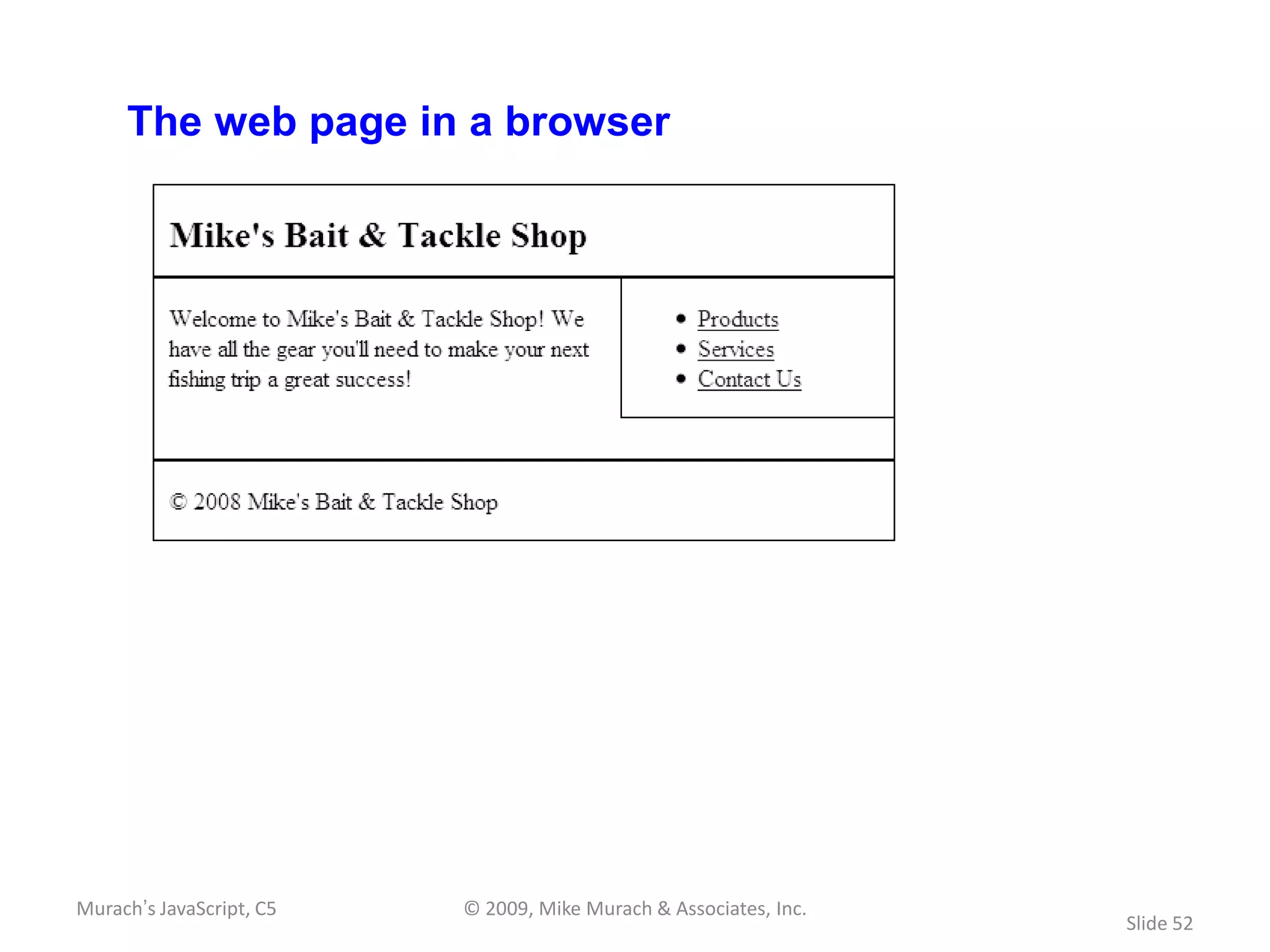 The web page in a browser




Murach’s JavaScript, C5   © 2009, Mike Murach & Associates, Inc.
                                                                   Slide 52
 