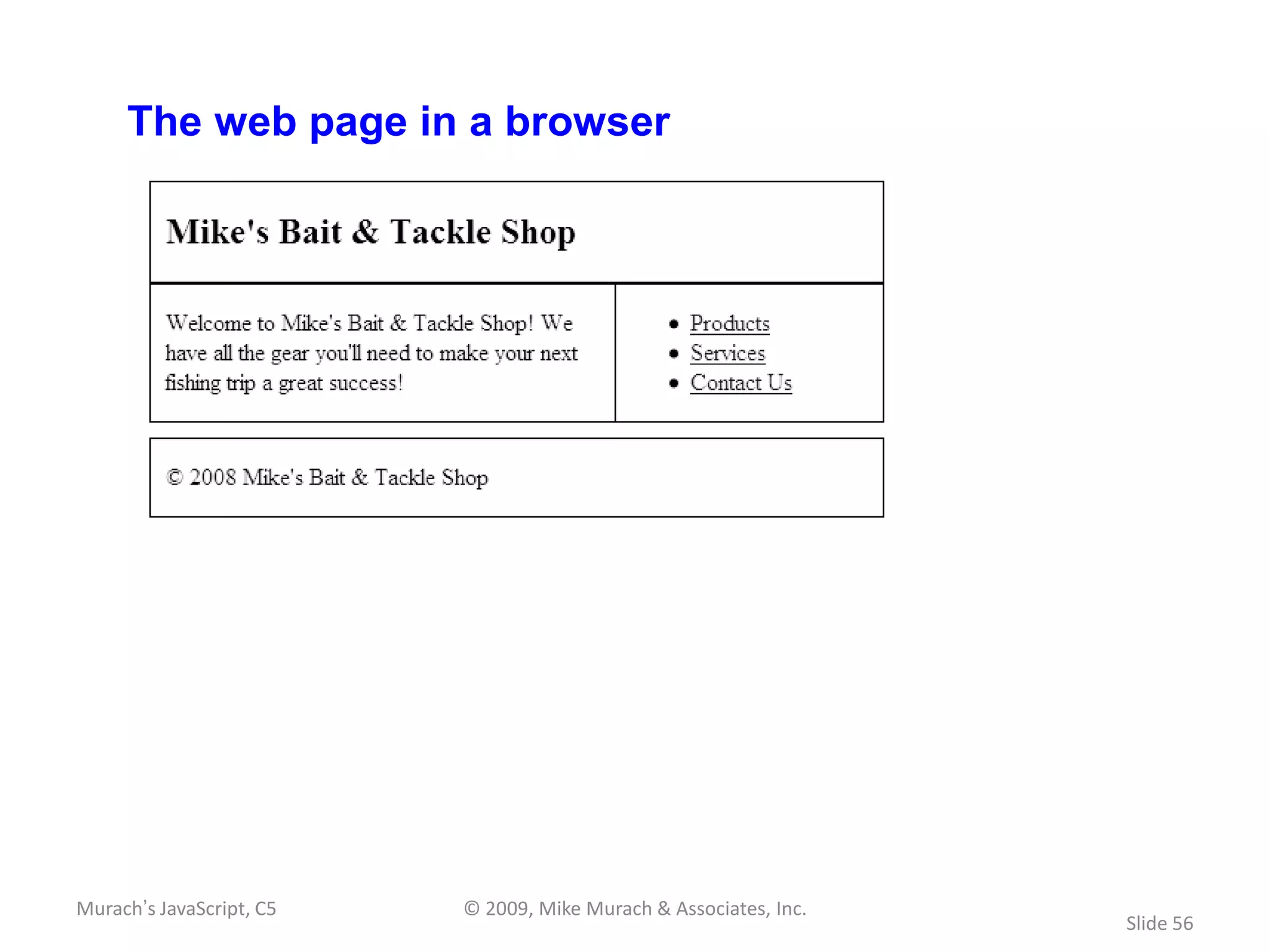 The web page in a browser




Murach’s JavaScript, C5   © 2009, Mike Murach & Associates, Inc.
                                                                   Slide 56
 