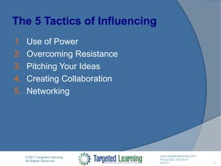 The 5 Tactics of InfluencingUse of PowerOvercoming ResistancePitching Your IdeasCreating CollaborationNetworking2