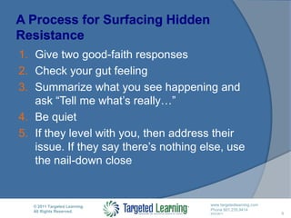 A Process for Surfacing Hidden ResistanceGive two good-faith responsesCheck your gut feelingSummarize what you see happening and ask “Tell me what’s really…”Be quietIf they level with you, then address their issue. If they say there’s nothing else, use the nail-down close8
