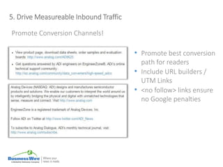 5. Drive Measureable Inbound Traffic
Promote Conversion Channels!
• Promote best conversion
path for readers
• Include URL builders /
UTM Links
• <no follow> links ensure
no Google penalties
 