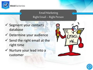  Segment your contacts
database
 Determine your audience
 Send the right email at the
right time
 Nurture your lead into a
customer
EmailMarketing
RightEmail– RightPerson
 