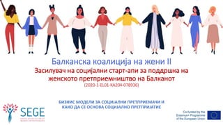 Балканска коалиција на жени II
Засилувач на социјални старт-апи за поддршка на
женското претприемништво на Балканот
(2020-1-EL01-KA204-078936)
БИЗНИС МОДЕЛИ ЗА СОЦИЈАЛНИ ПРЕТПРИЕМАЧИ И
КАКО ДА СЕ ОСНОВА СОЦИЈАЛНО ПРЕТПРИЈАТИЕ
 