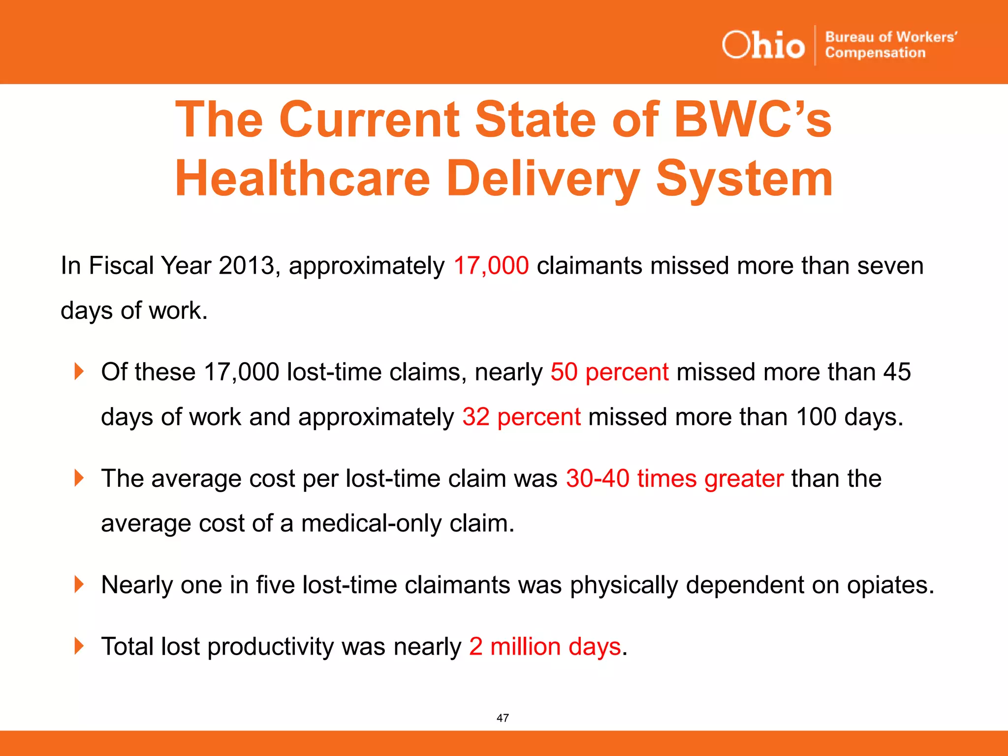 47
In Fiscal Year 2013, approximately 17,000 claimants missed more than seven
days of work.
 Of these 17,000 lost-time claims, nearly 50 percent missed more than 45
days of work and approximately 32 percent missed more than 100 days.
 The average cost per lost-time claim was 30-40 times greater than the
average cost of a medical-only claim.
 Nearly one in five lost-time claimants was physically dependent on opiates.
 Total lost productivity was nearly 2 million days.
The Current State of BWC’s
Healthcare Delivery System
 