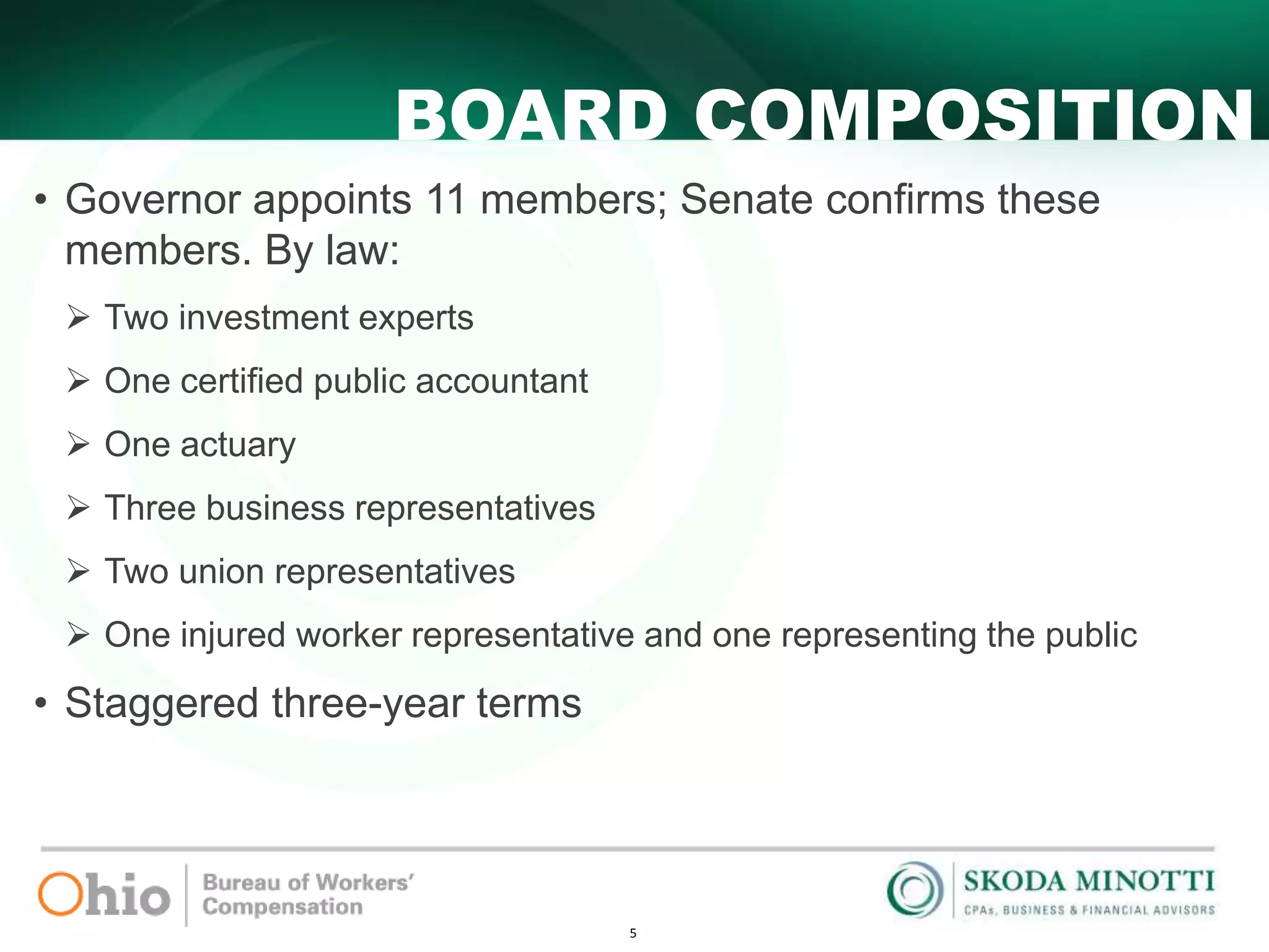 5
BOARD COMPOSITION
• Governor appoints 11 members; Senate confirms these
members. By law:
 Two investment experts
 One certified public accountant
 One actuary
 Three business representatives
 Two union representatives
 One injured worker representative and one representing the public
• Staggered three-year terms
 