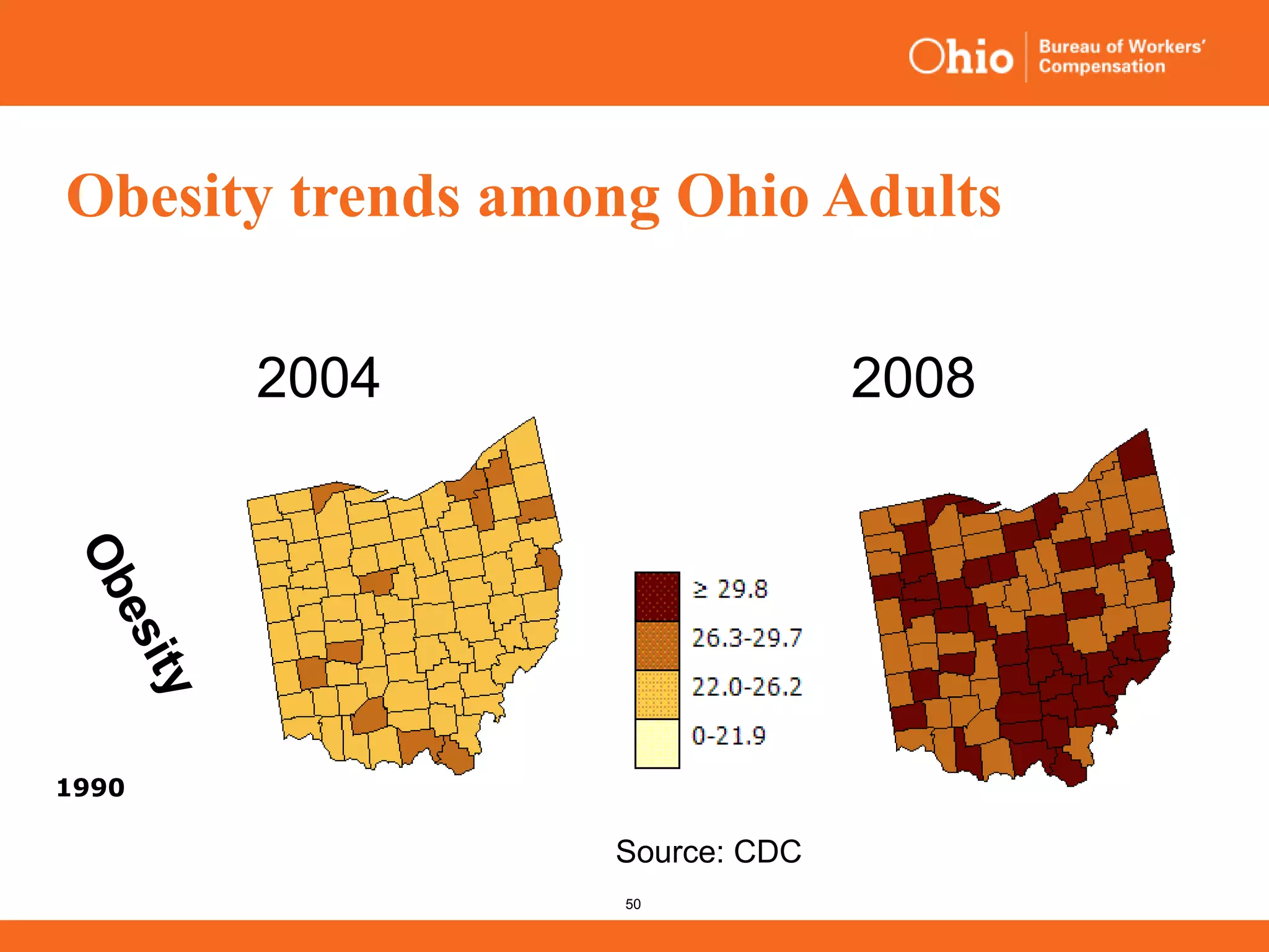 50
1990
Source: CDC
2004 2008
Obesity trends among Ohio Adults
 