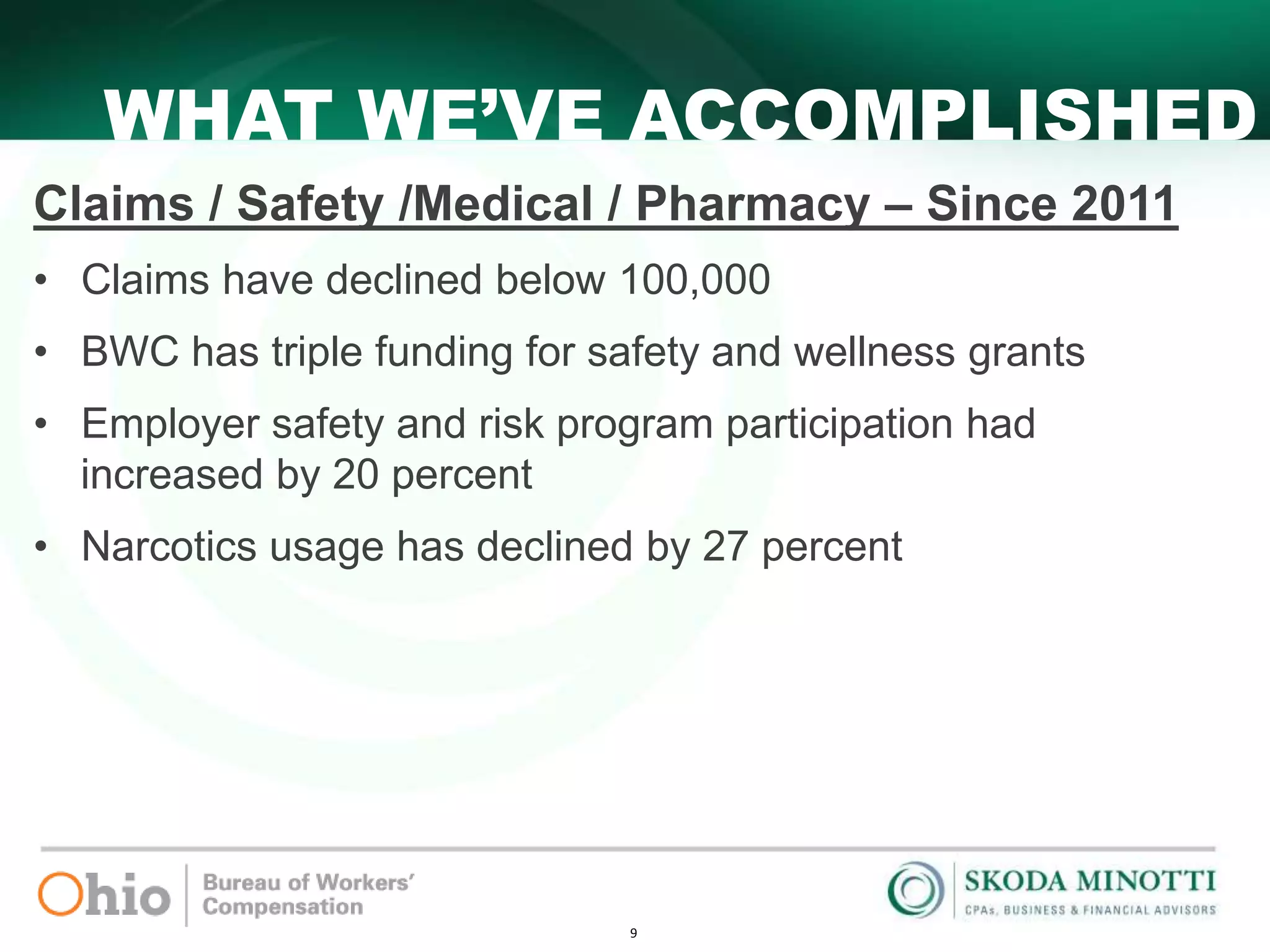 9
WHAT WE’VE ACCOMPLISHED
Claims / Safety /Medical / Pharmacy – Since 2011
• Claims have declined below 100,000
• BWC has triple funding for safety and wellness grants
• Employer safety and risk program participation had
increased by 20 percent
• Narcotics usage has declined by 27 percent
 