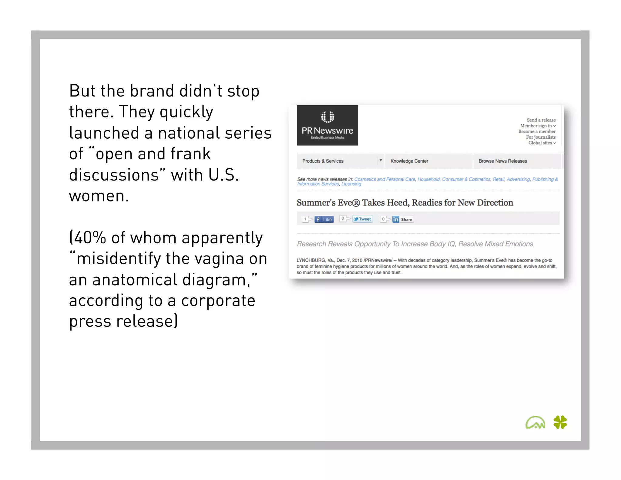 But the brand didn’t stop
there. They quickly
launched a national series
of “open and frank
discussions” with U.S.
women.

(40% of whom apparently
“misidentify the vagina on
an anatomical diagram,”
according to a corporate
press release)
 