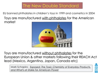 The New Double Standard Toys are manufactured  with phthalates  for the American market Toys are manufactured  without phthalates  for the European Union & other markets following their REACH Act lead (Mexico, Argentina, Japan, Canada etc) EU banned phthalates in children’s toys in 1999 and cosmetics in 2004 Mark Schapiro-  Exposed: The Toxic Chemistry of Everyday Products, and What's at Stake for American Power 
