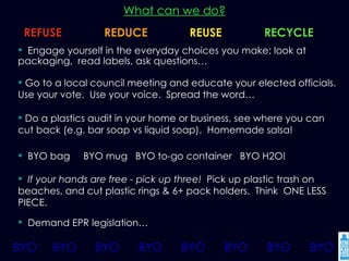 What can we do? BYO bag  BYO mug  BYO to-go container  BYO H2O! If your hands are free - pick up three!   Pick up plastic trash on beaches, and cut plastic rings & 6+ pack holders.  Think  ONE LESS PIECE. BYO  BYO  BYO  BYO  BYO  BYO  BYO  BYO   REFUSE   REDUCE   REUSE   RECYCLE   Do a plastics audit in your home or business, see where you can cut back (e.g. bar soap vs liquid soap).  Homemade salsa! Go to a local council meeting and educate your elected officials.  Use your vote.  Use your voice.  Spread the word…   Engage yourself in the everyday choices you make: look at packaging,  read labels, ask questions… Demand EPR legislation…  