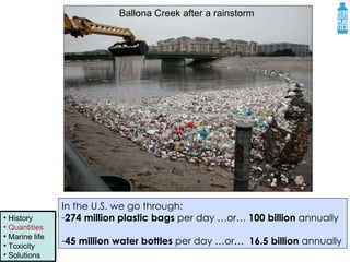 Ballona Creek after a rainstorm In the U.S. we go through:  274 million plastic bags  per day …or…  100 billion  annually 45 million water bottles  per day …or…  16.5 billion  annually History Quantities Marine life Toxicity Solutions 