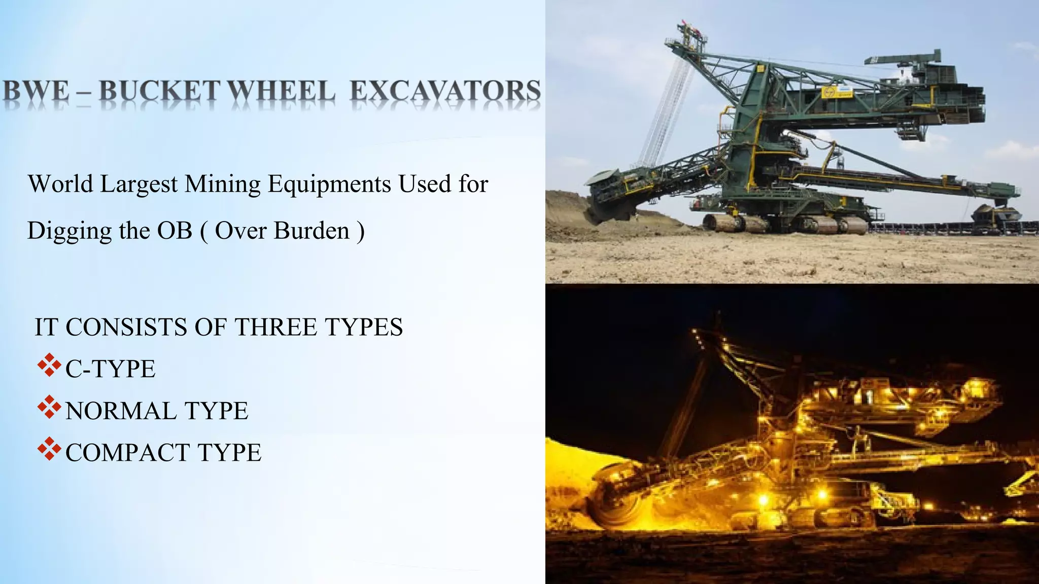 World Largest Mining Equipments Used for
Digging the OB ( Over Burden )
IT CONSISTS OF THREE TYPES
C-TYPE
NORMAL TYPE
COMPACT TYPE