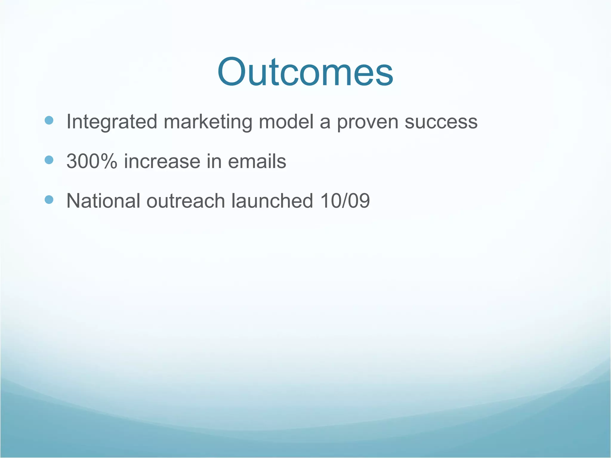 Outcomes Integrated marketing model a proven success 300% increase in emails National outreach launched 10/09 