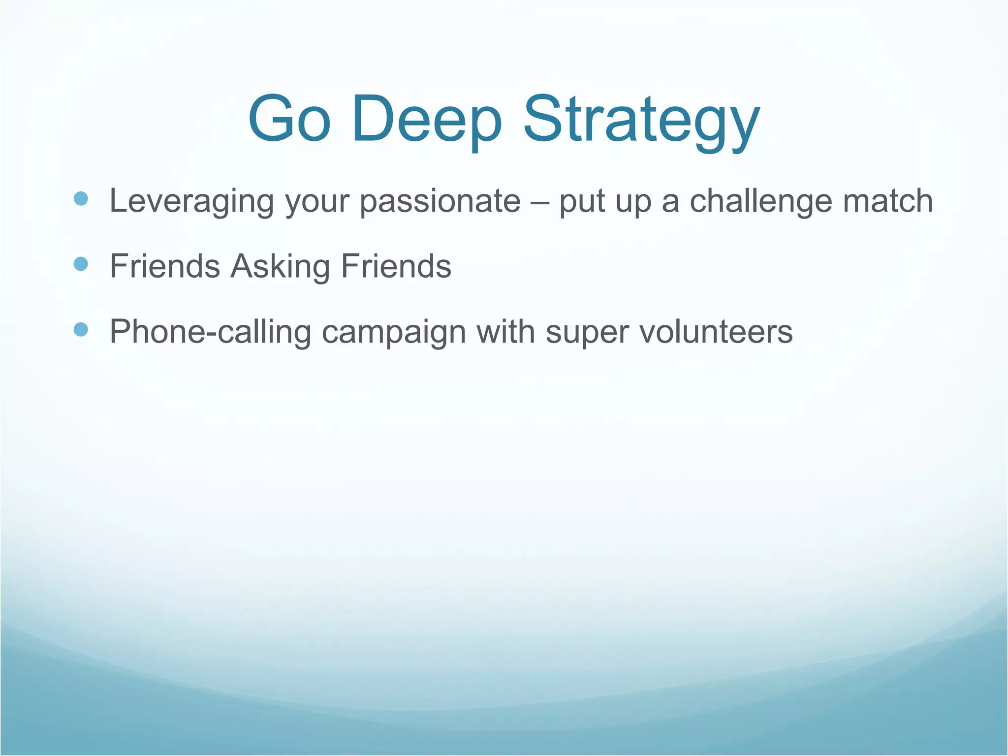 Go Deep Strategy Leveraging your passionate – put up a challenge match Friends Asking Friends Phone-calling campaign with super volunteers 