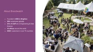 PRESENTED BY @adweek @socialmediaweek @yourbrand
Headline.
• Bullet points.
About Brandwatch
● Founded in 2006 in Brighton
● 500+ employees globally
● 33% of staff are in Engineering & Data
Science
● 10 offices around the world
● 2000+ customers in over 70 countries
 